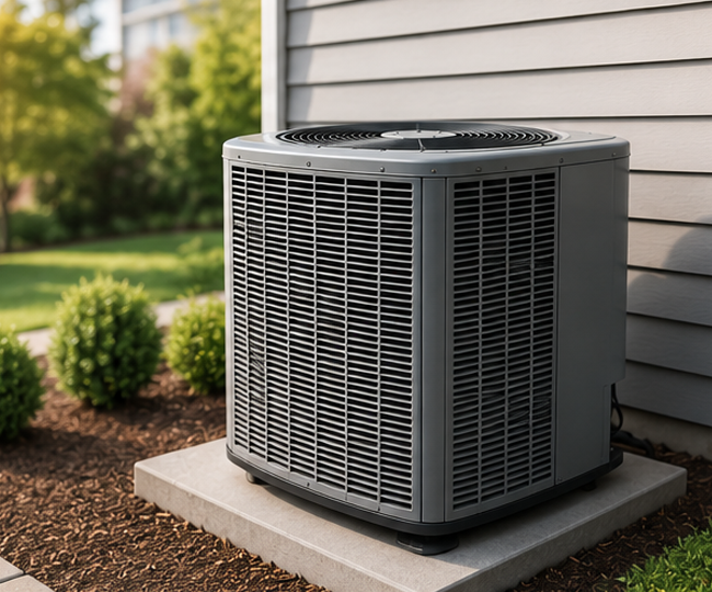 Well-maintained outdoor AC condenser unit beside home