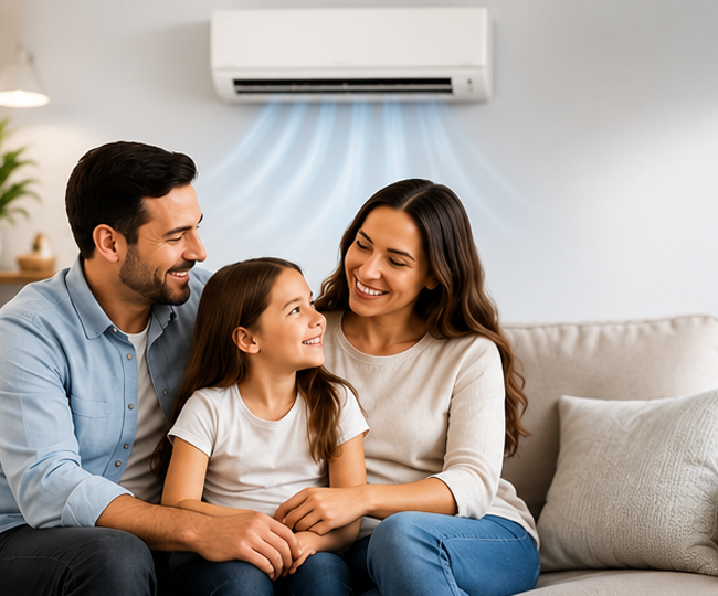 Family enjoying cool indoor air from air conditioning system