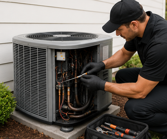 HVAC technician in black uniform servicing outdoor AC unit