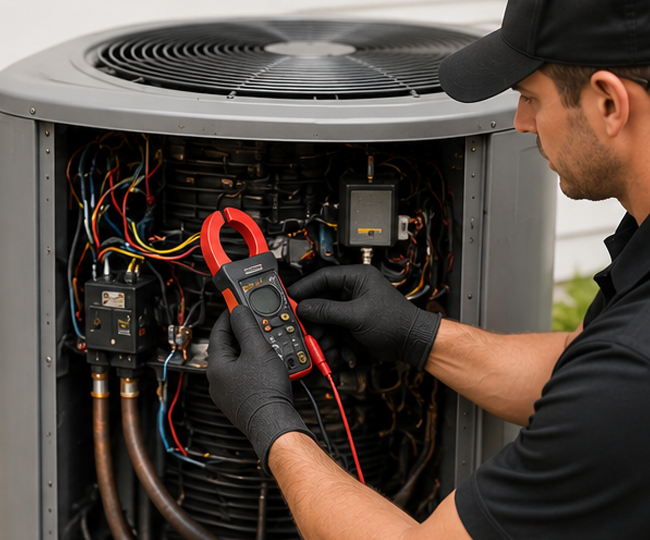 HVAC technician testing AC electrical components and compressor