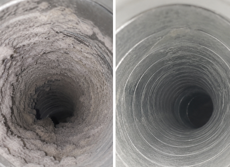 dryer vent before and after cleaning showing lint removal and improved airflow.