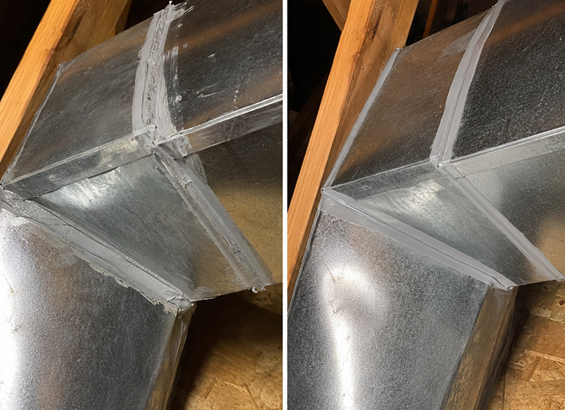 before and after duct sealing showing improved HVAC duct connections and sealed air leaks.