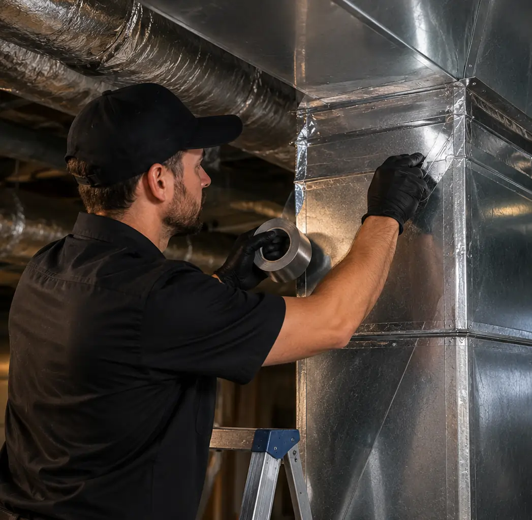 HVAC technician upgrading AC system in black uniform