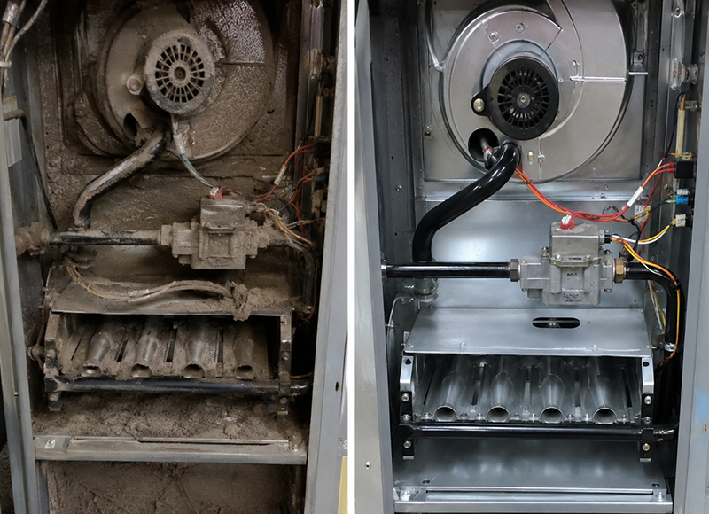 BSide-by-side furnace cleaning before and after image