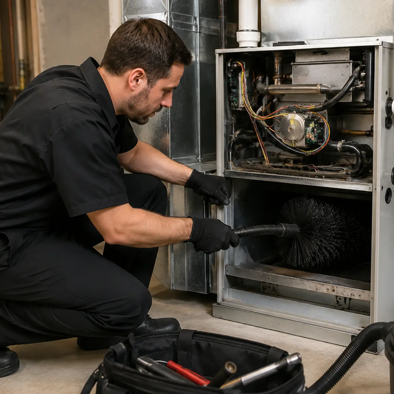 Technician cleaning a residential furnace system.