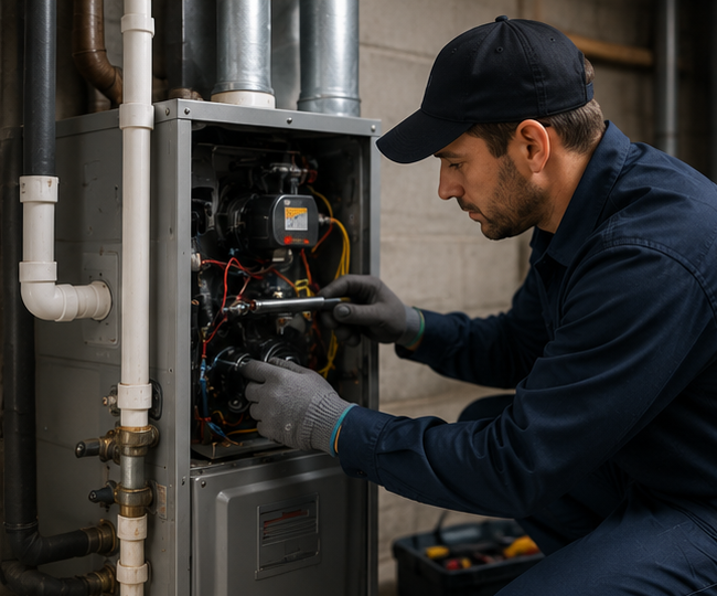 Technician performing routine furnace cleaning and maintenance service