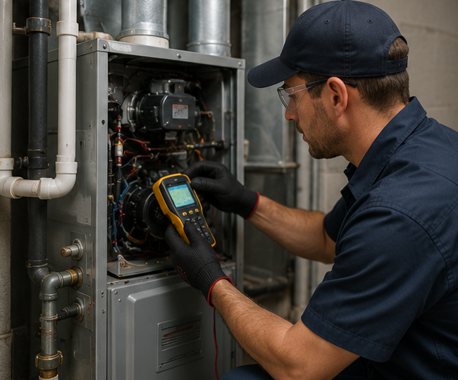 Technician testing furnace performance during scheduled maintenance
