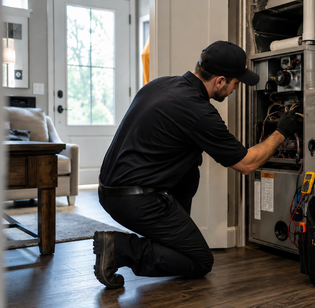 HVAC technician repairing home HVAC unit indoors