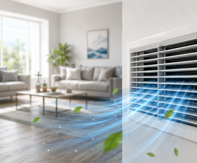 Fresh indoor air flowing from sanitized HVAC air vent in modern home