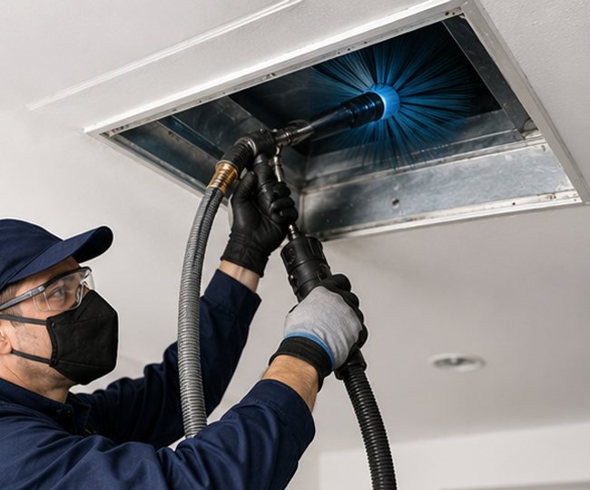 Technician performing professional air duct disinfection and sanitization service