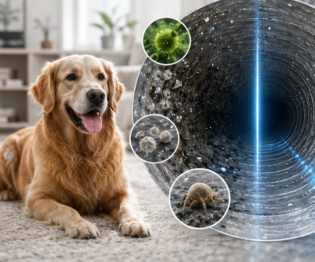 Air duct purification reducing pet odors, allergens and airborne contaminants