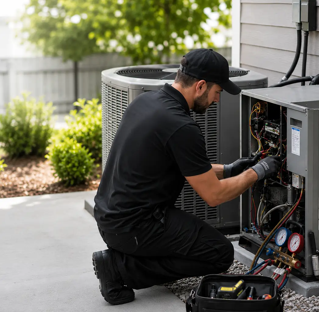 HVAC technician upgrading AC system in black uniform
