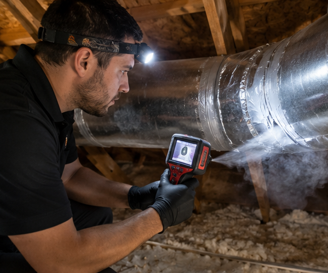 HVAC technician inspecting leaking air ducts in attic for airflow loss