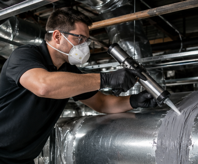 Technician sealing HVAC duct joints to improve energy efficiency