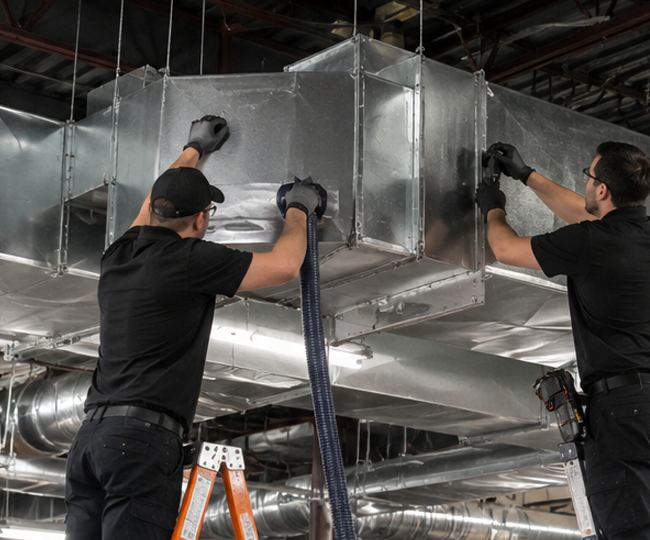 HVAC technicians repairing and sealing commercial ductwork system